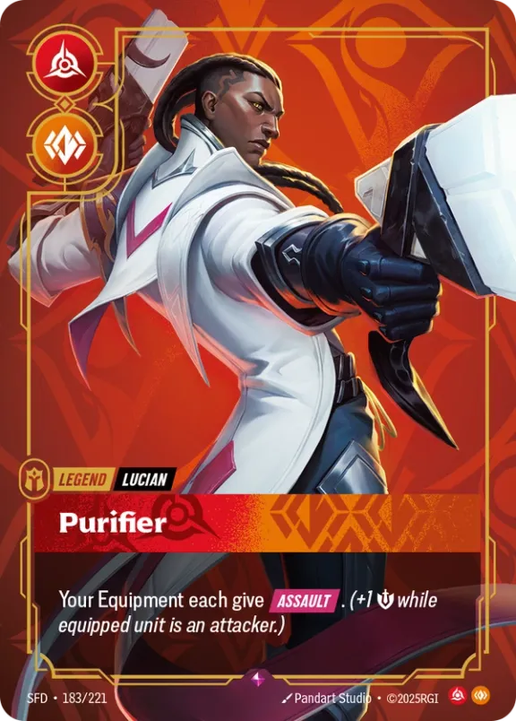 Riftbound Legend: Purifier. Your Equipment each give [Assault]. (+1 [S] while equipped unit is an attacker.)