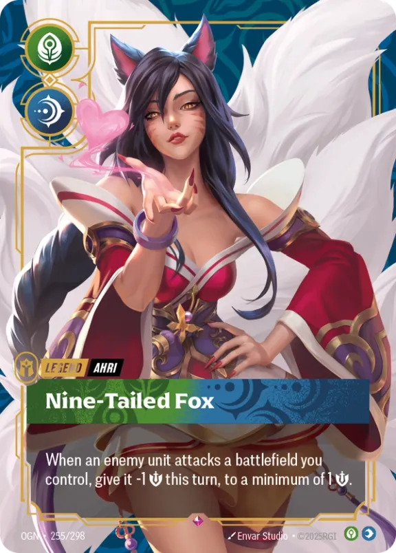 Riftbound Legend: Nine-Tailed Fox. When an enemy unit attacks a battlefield you control, give it -1 [S] this turn, to a minimum of 1 [S].